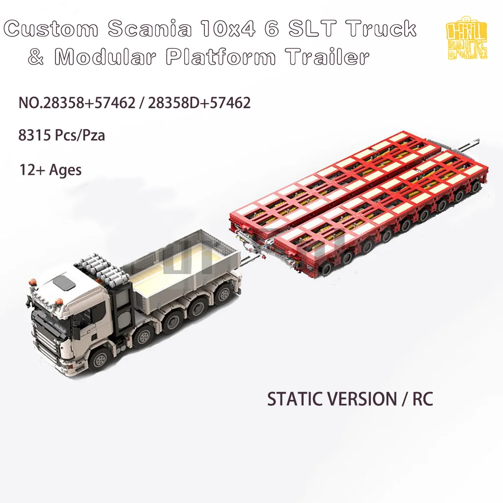 Moc 28358 커스텀 스카니아 10x4 6 SLT 트럭 &amp; NO.57462 모듈러 플랫폼 트레일러 PDF 드로잉 블록 브릭 장난감, 크리스마스 선물