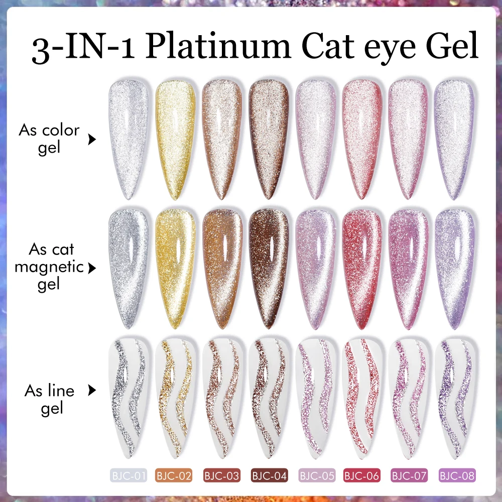 CHUNSHU 3in1 Sparkle Reflective Cat Magnetic Gel Nail Polish 10ml Platinum Sliver-light Shine Cat Eye Glitter Nail Gel Varnish 3