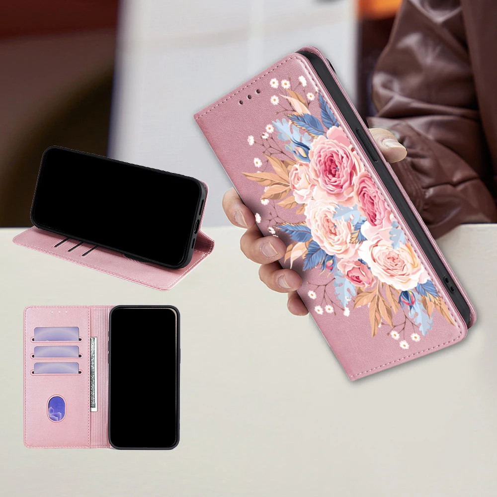 Floral Magnetic Leather Flip Wallet Case with Card Slots and Holster