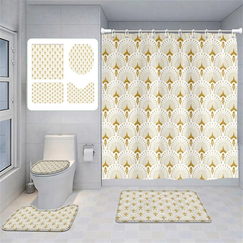 ชุดตกแต่งห้องน้ํา-ม่านอาบน้ําสีทองหรูหรา - ลายพัดลม เสื่ออาบน้ํากันลื่น และฝาปิดห้องน้ําสําหรับห้องน้ําแสนสบาย 1