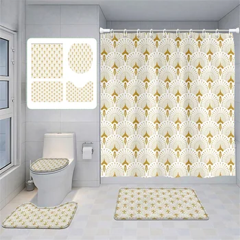 ชุดตกแต่งห้องน้ํา-ม่านอาบน้ําสีทองหรูหรา - ลายพัดลม เสื่ออาบน้ํากันลื่น และฝาปิดห้องน้ําสําหรับห้องน้ําแสนสบาย 1