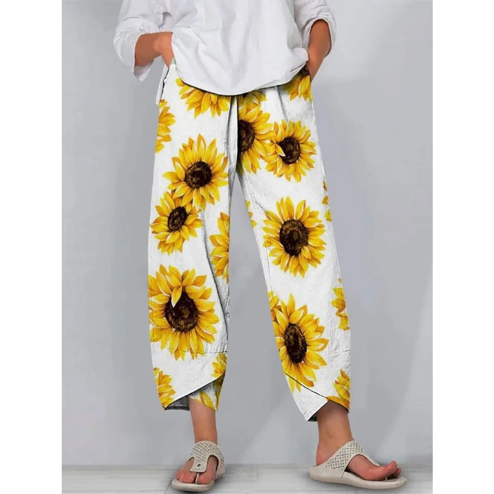 

Summer Casual Sunflower Print Pants Vintage Y2k Pants Streetwear Women Beach Trousers Chic Loose Capri Pantalon Women Clothing