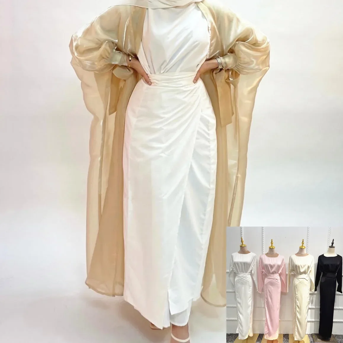 White Silky Satin Abaya Inner Dress with Wrap Skirt Arabic Long Muslim Dresses for Women Dubai Turkey Islam Modest Outfit Kaftan
