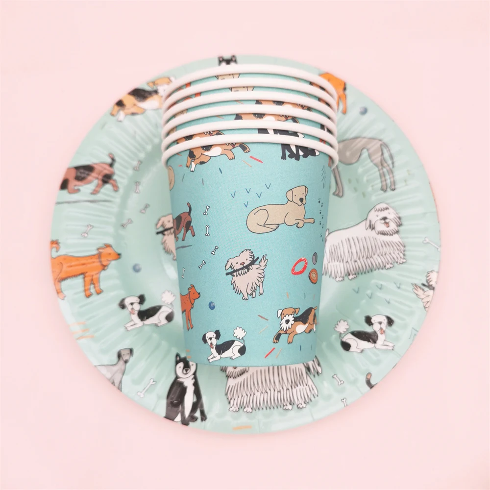 6Pcs Cute Pet Little Doggies Happy Birthday Paper Plates Cups Tableware 1st Birthday Baby Showe Decoration Home Party Supplies