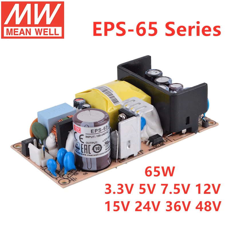 Одновыходной импульсный источник питания MEAN WELL PCB Type EPS-65 Series, 3,3 В, 5 В, 7,5 в, 12 В, 15 В, 24 В, 36 В, 48 В