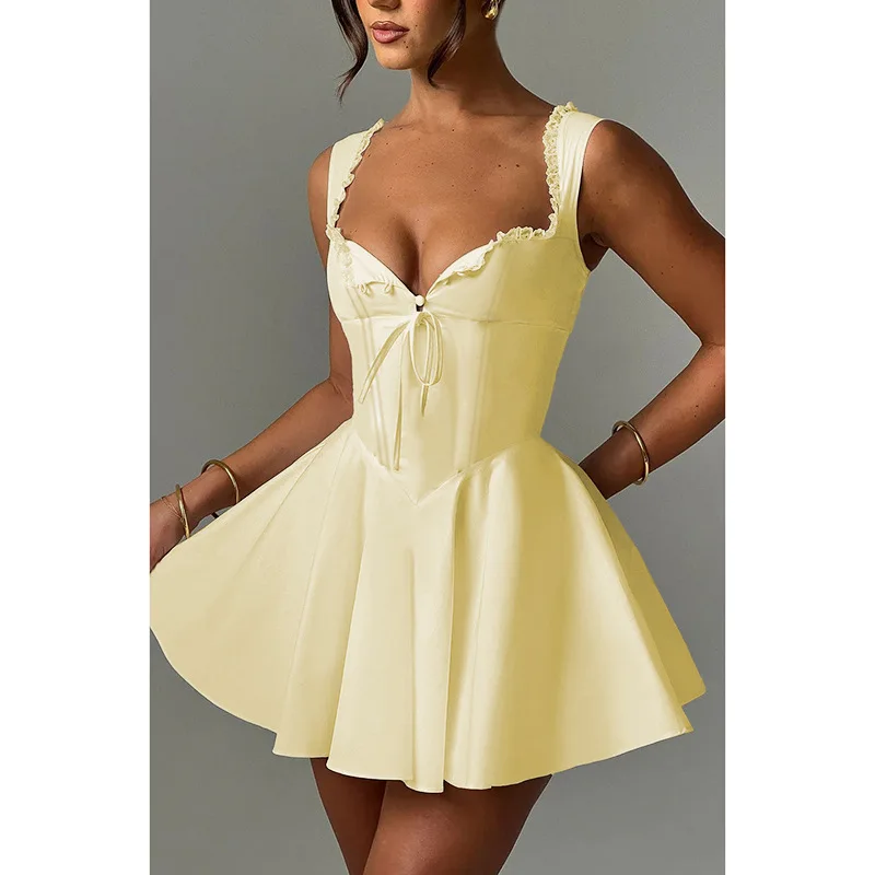 Damenkleid Neuer Stil Sexy Spitze V-Ausschnitt Europäisch-Amerikanisch Einfarbig Sommer Spaghetti-Träger Mode Retro Patchwork Figurbetont Elegantes Damen-Party-Abendkleid – Detail 6