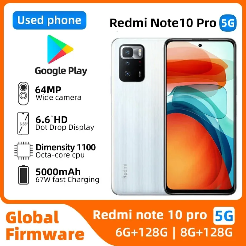 Xiaomi Redmi note 10 pro Android 5G Unlocked 6.6 inch 8GB RAM 128GB ROM All Colours in Good Condition Original used phone