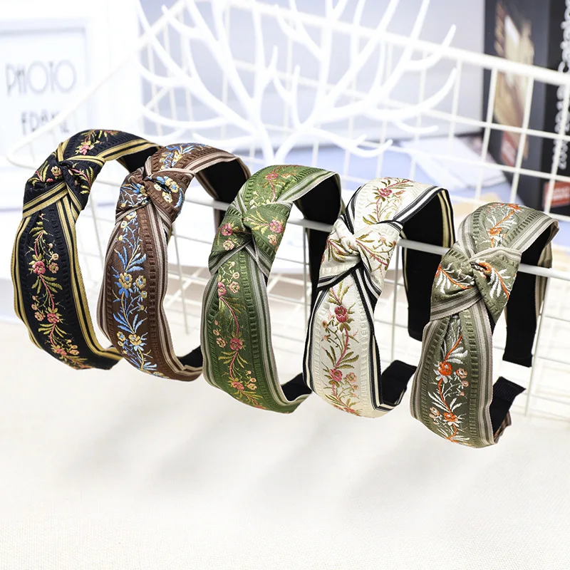 Headband with a bow knot embroidered with flowers for women and girls, hair tie for ladies, hairband accessories, daily shopping, outfit.