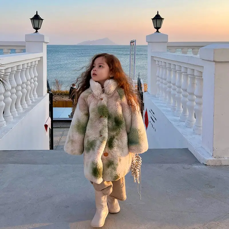 

Kids Thick Plush Fur Keep Warm Overcoat Autumn Winter Children Stand Collar Fur Coat Princess Baby Long Fur Outerwear