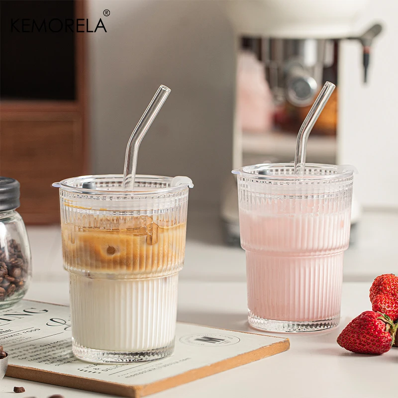 Stripe Glass Cup with Lid and Straw - Lifestyle Use