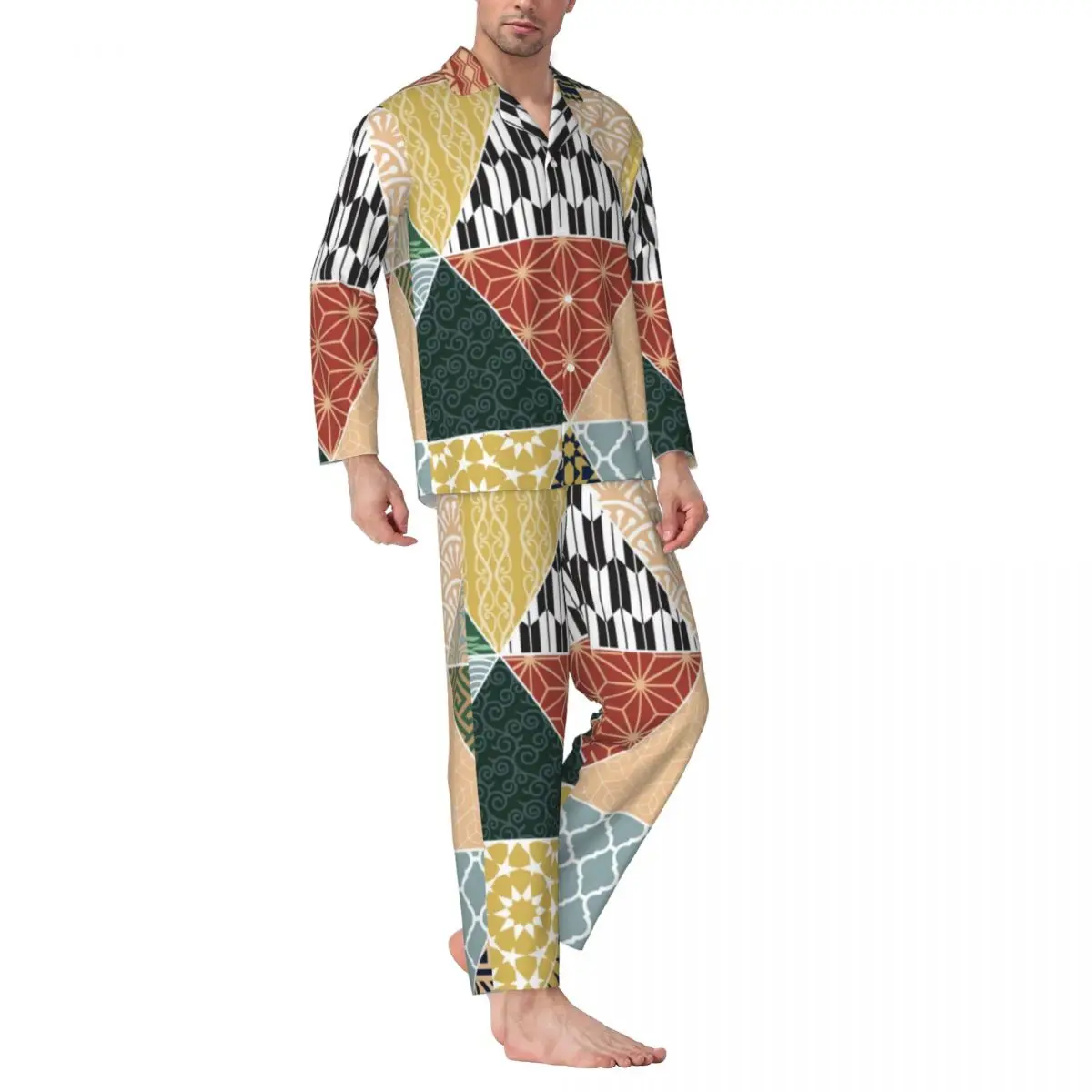 

Colorful Patchwork Pajamas Set Autumn Tribal Ethnic Print Trendy Night Sleepwear Male 2 Piece Casual Oversized Graphic Nightwear