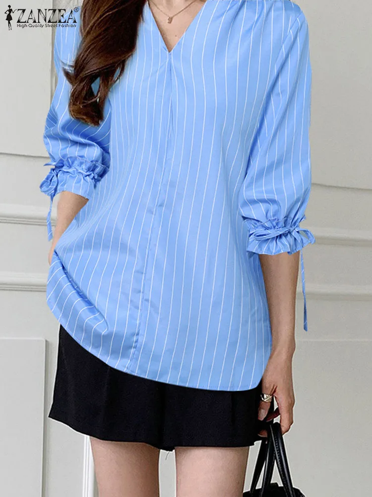 

ZANZEA Elegant 3/4 Sleeve OL Work Shirt Stylish Women V Neck Striped Blouse Autumn Party Blusas Mujer Casual Ruffles Tunic Tops