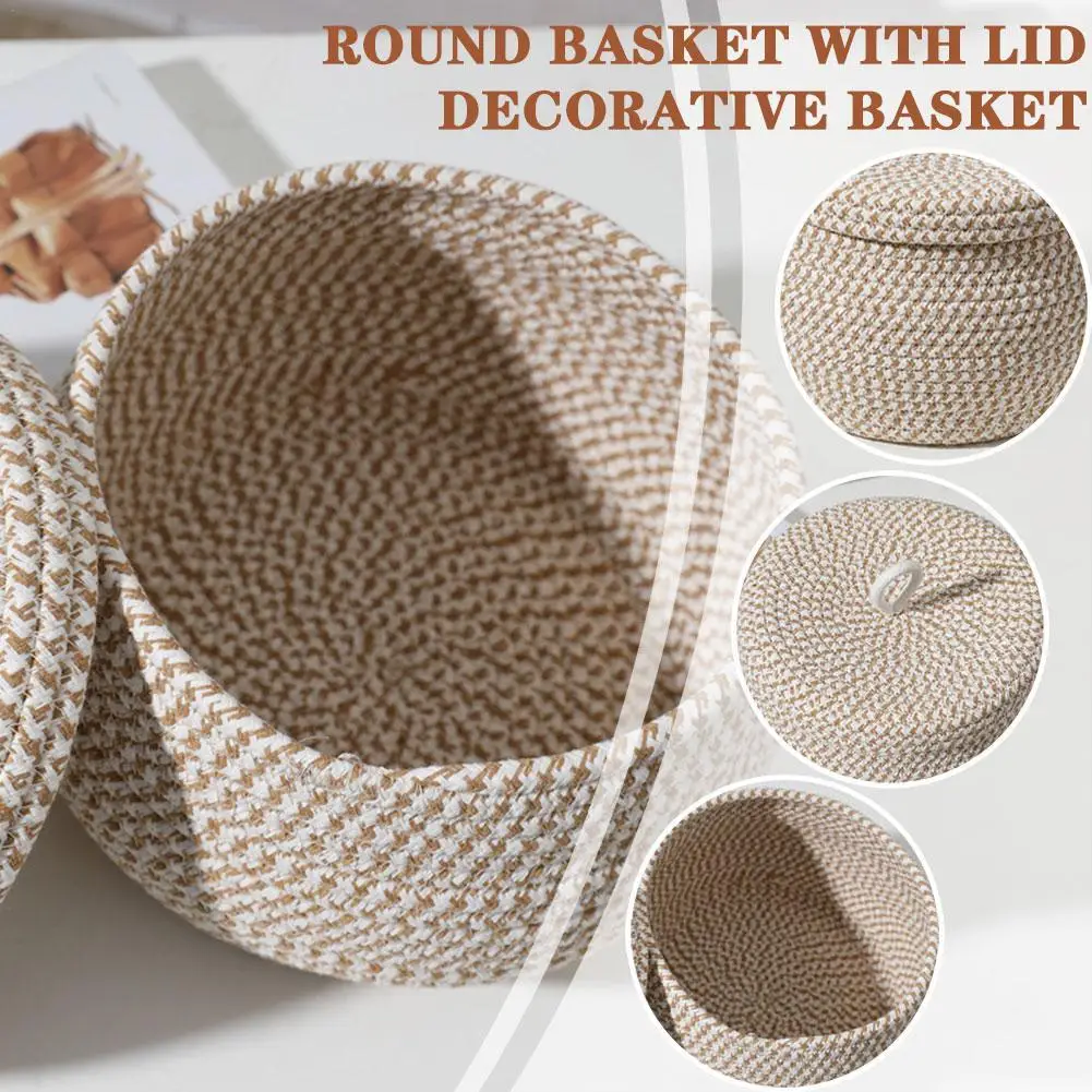 

Round Rattan Box With Lid Hand-Woven Multi-Purpose Wicker Tray Desktop Decoration Storage Box Picnic Food Bread Storage Basket