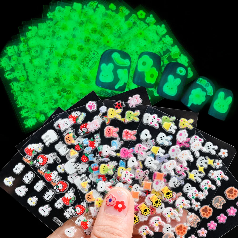 

30Pcs Glow-in-Dark Glitter Bunny Nail Stickers Kawaii Self-Adhesive Slider 3D Cartoon Rabbit Child Decals Y2k Manicure Decora