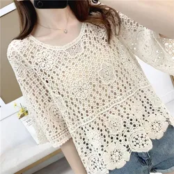Summer Fashion New Round Neck Five-point Sleeve Pullover Handmade Sweater Korean Version Knitted Hollow Solid Color Top Female