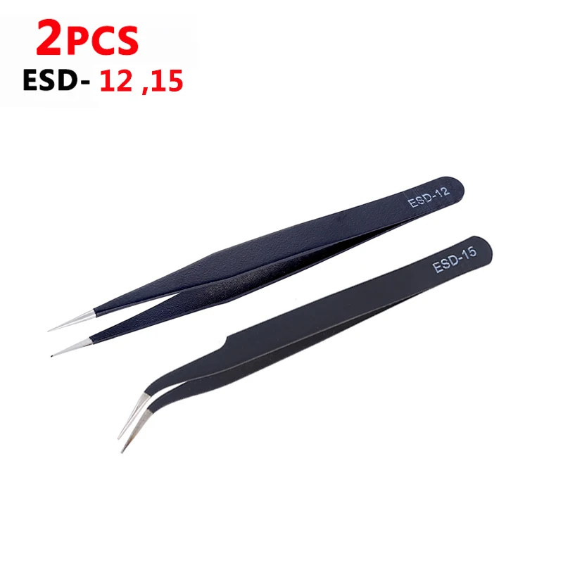 Lot de 2 pinces à épiler ESD antistatiques pointes acérées triangulaires