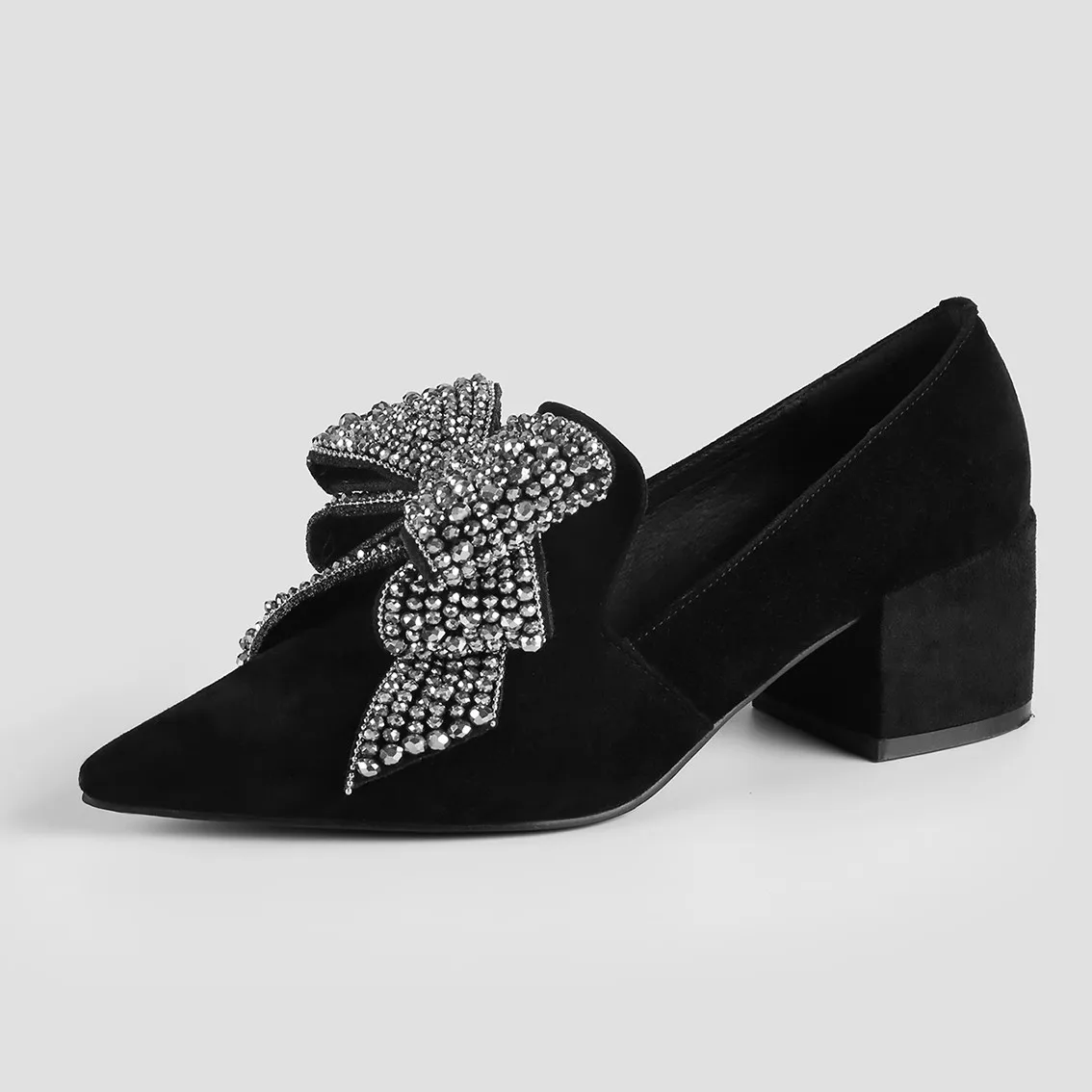 

New Fashion High Heels Women's Thick High Heels Pointed Toe Rhinestones Bow Knot Shallow Mouth Single Shoes Pumps Women Black