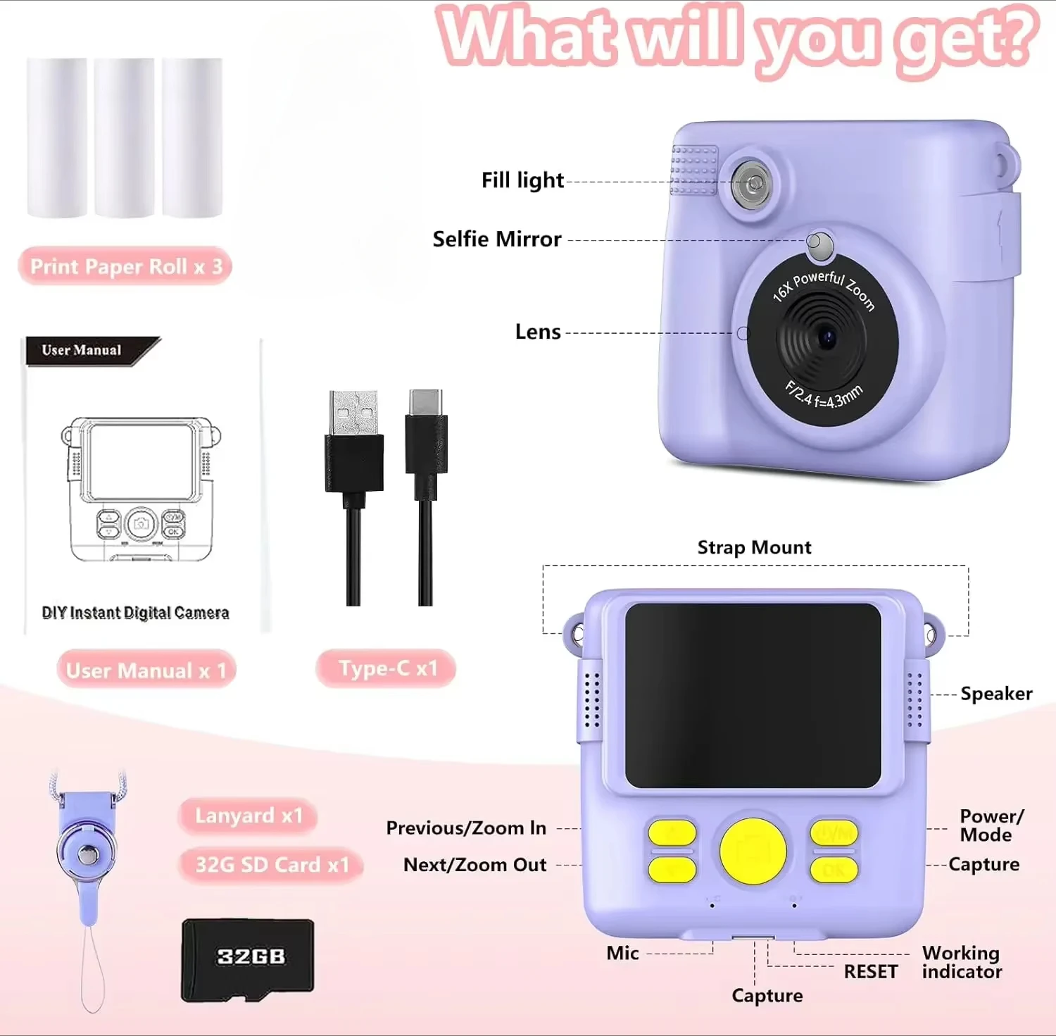 IAURA Portable Children's Toy Camera with Full-HD 1080P Video Recording and Instant Printing Function