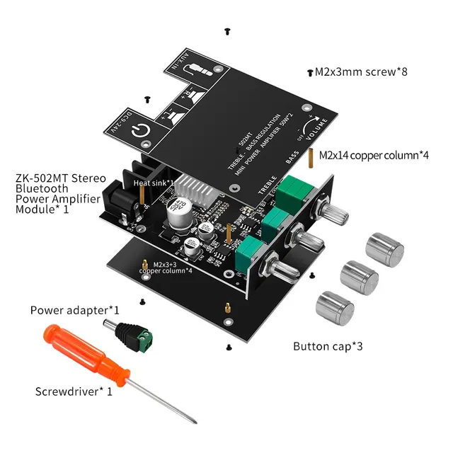 ZK-502MT Bluetooth 5.0 Subwoofer Amplifier Board 2.0 Channel High Power Audio Stereo Amplifier Board 2X50W Bass AMP 2