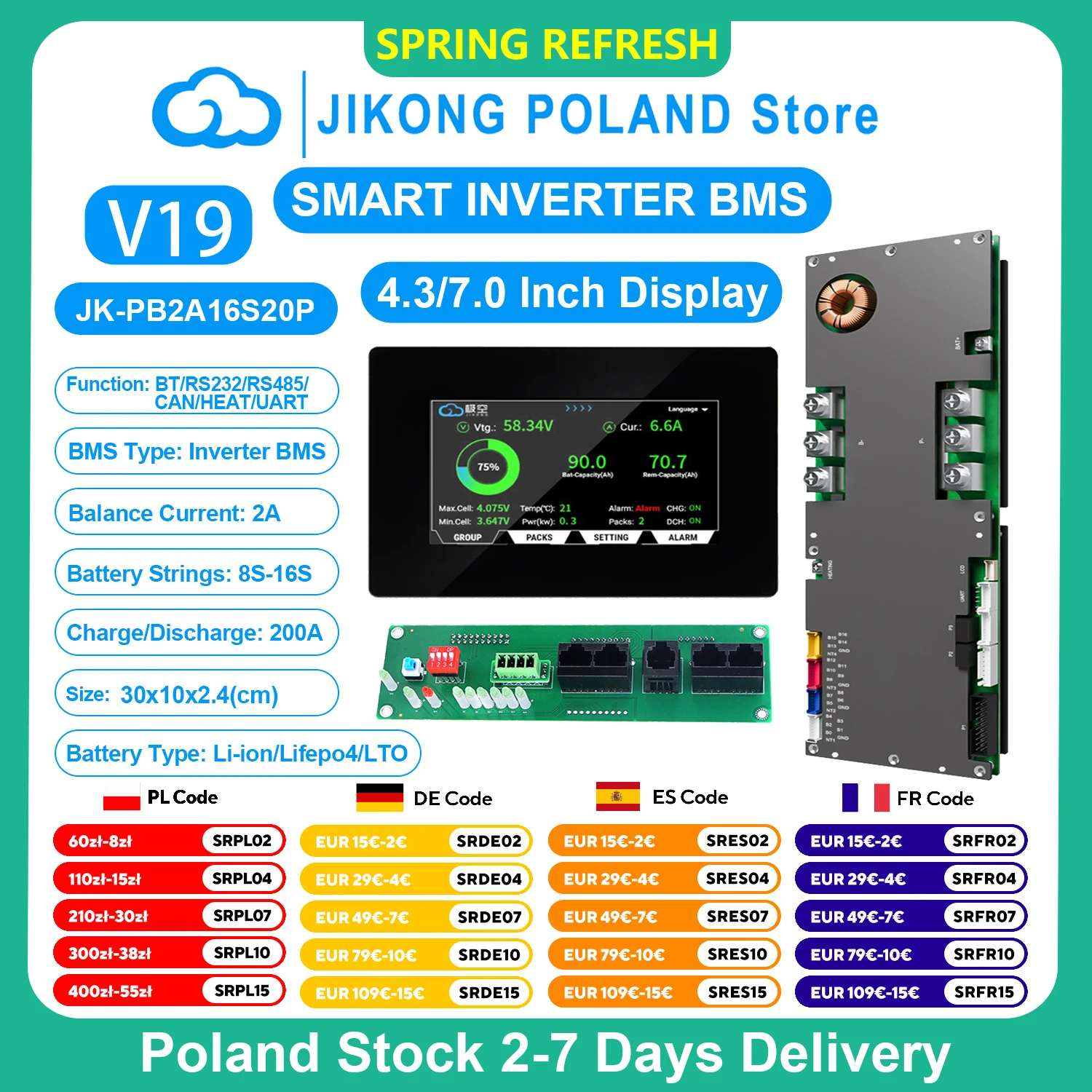 JIKONG V19 Inteligentny Inwerter BMS 8S~16S 24V 48V 200A Prąd 1A 2A ...