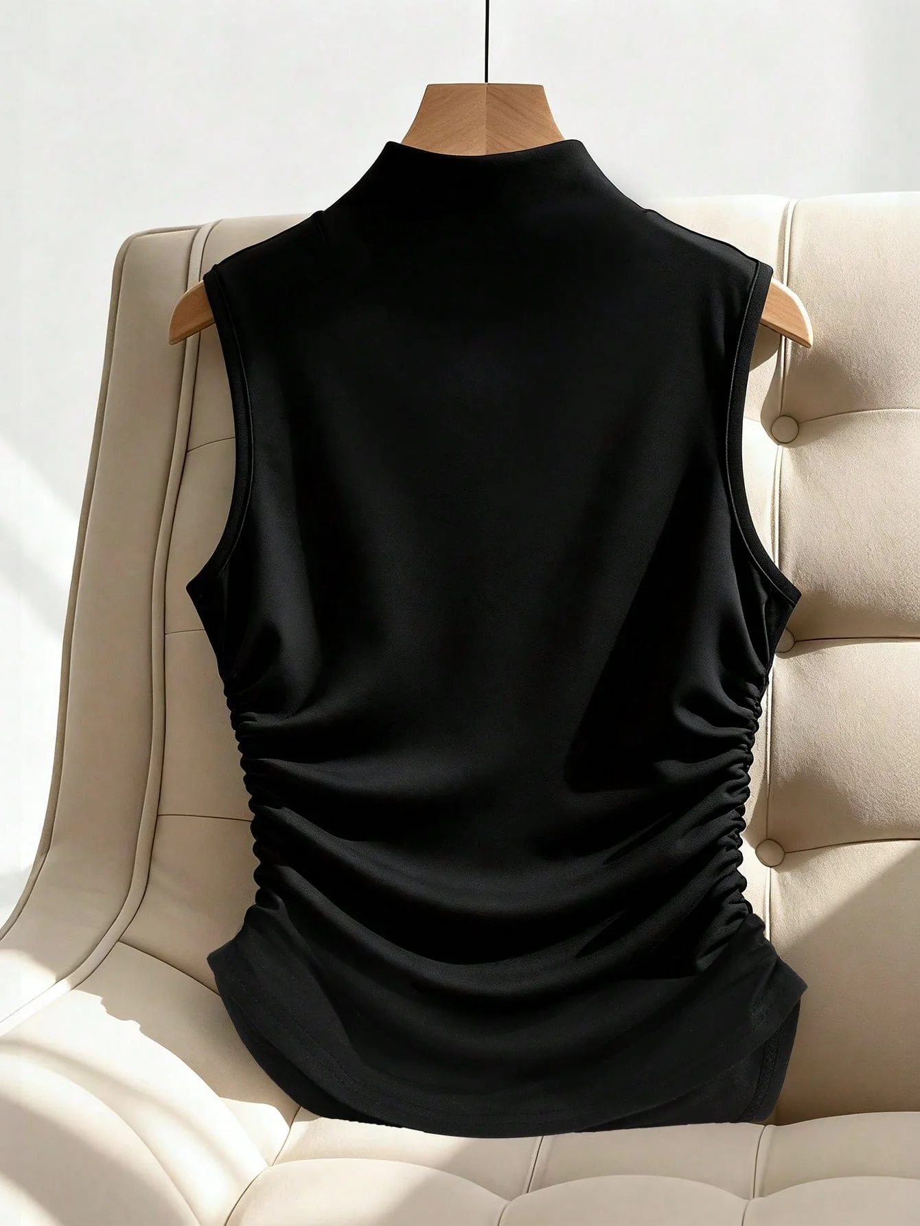Women's summer casual fashion metal decoration waist pleated slim fit vest black sleeveless top,cropped top S04a3ca8f38694fe687fadf8ced2d6933I