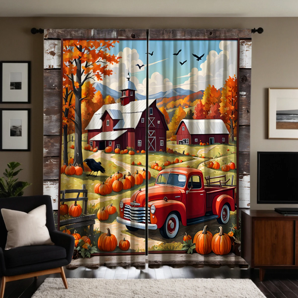 2pcs HD Harvest Festival Mountain hut Pumpkin bus decorative curtain Yellow tie digital printed curtain Home decoration style 5