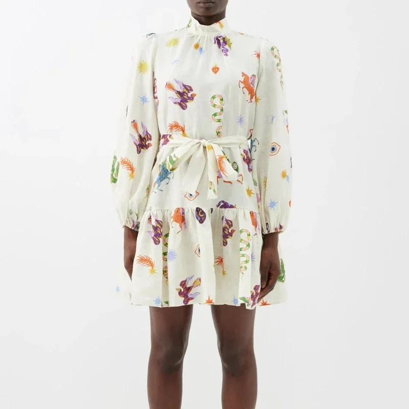 

Женское льняное мини-платье, повседневное мини-платье с длинным рукавом и принтом в виде белых лошадей, весна-лето 2023