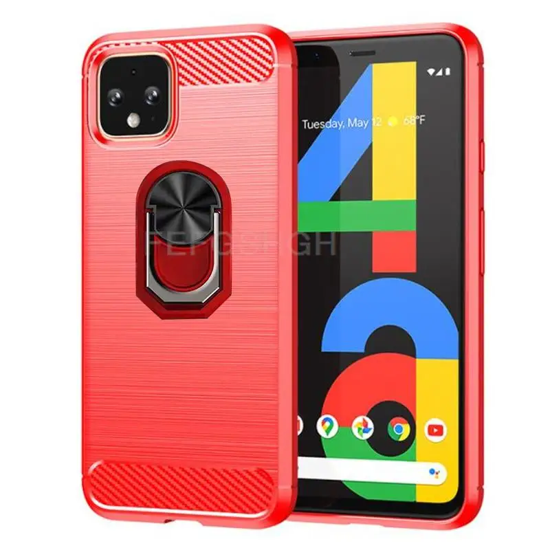 Carbon Fiber Brushed Soft Protective Phone Case with Ring Stand Holder, Shockproof Design