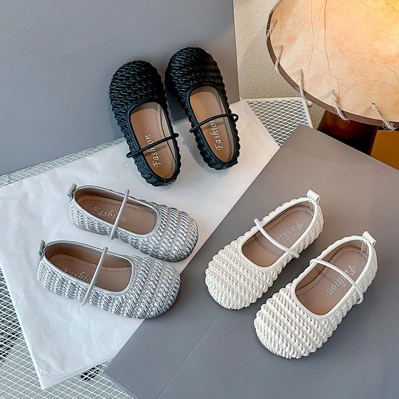 Children's Single Shoes 2-18 Years Old Beige Pleated Flat Boys and Girls Shoes Silver Hundred Non-slip Children's Leather