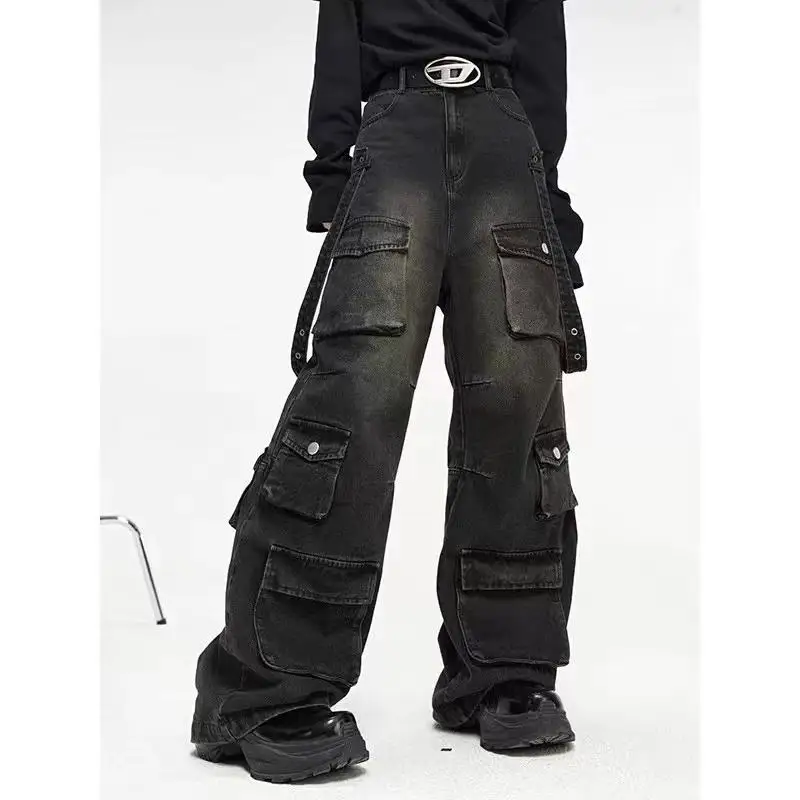 

American retro hip-hop multi pocket wide leg jeans men and women spring and autumn trend loose straight leg floor mop pants y2k