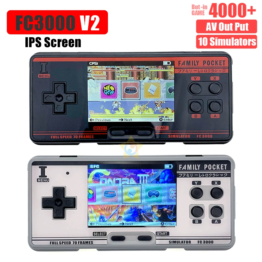 Family FC3000 V2 Handheld Video Game Console 10 Simulator 2G Memory 3Inch IPS Screen Game Console Built-in 4000+ Game AV Out Put