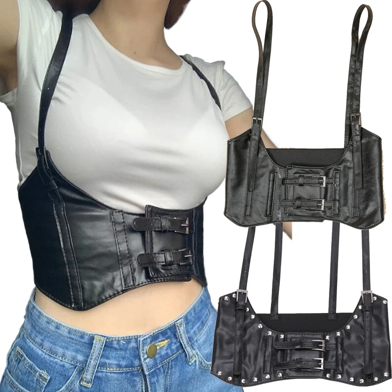 

Women Sexy Stud Punk Shoulder Adjustable Strap Suspenders Vest Corset Elastic Girdle Gothic Underbust Waist Decorate for Ladies