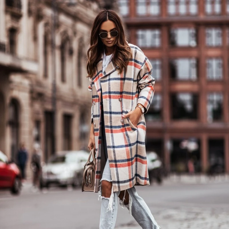 Woolen Coat Long-sleeved Mid-length Lapel Single-breasted 2023 Autumn and Winter Fashion Temperament Plaid Coat Women's Clothing