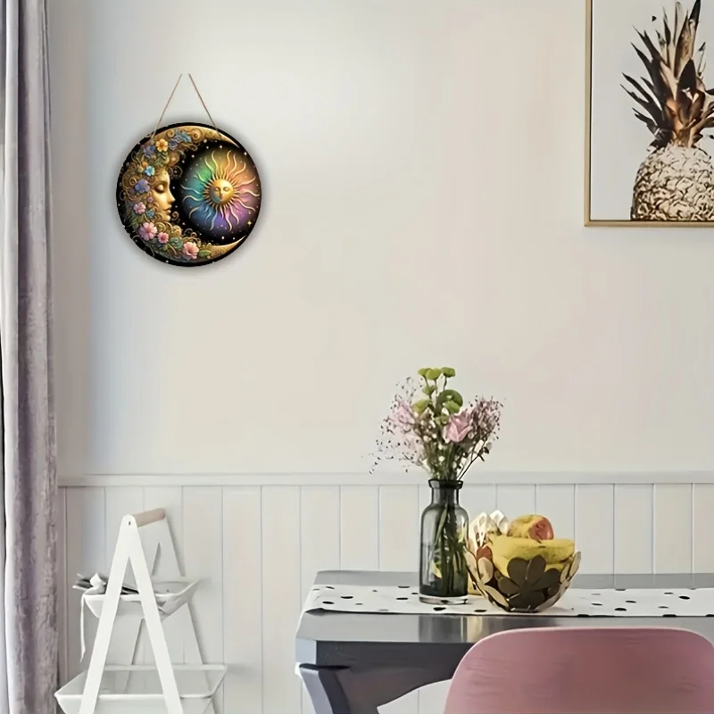 Mandala Art Sun & Moon Wooden Wall Plate - Classic Floral Design, 8x8 Inches