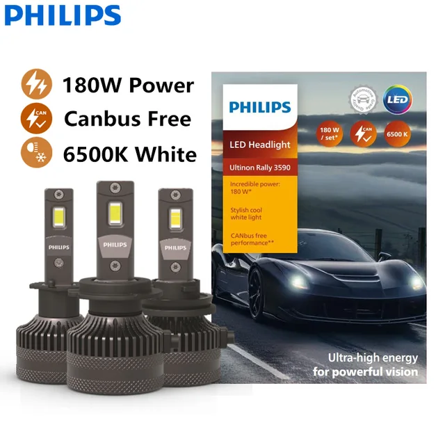 Philips Ultinon Rally 3590 LED H4 H7 H11 HB3 HB4 HIR2 180W Power Bright ไฟหน้ารถ 6500K สีขาวสูงสุด Lumen วัตต์หลอดไฟ LED 1