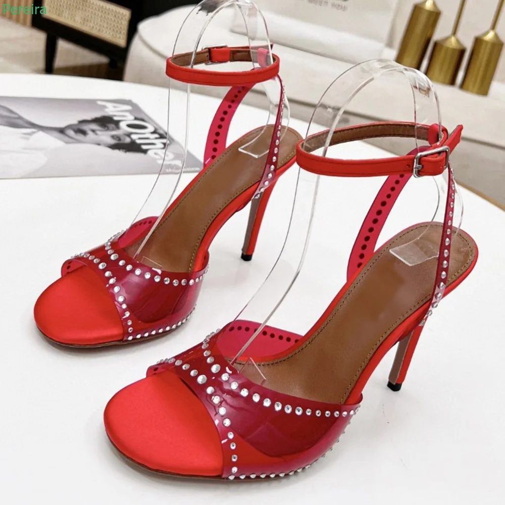 

Red Rhinestones Buckle Sandals Summer Women's New Arrival Solid Thin High Heel Round Toe Fashion Transparent Sexy Dress Shoes
