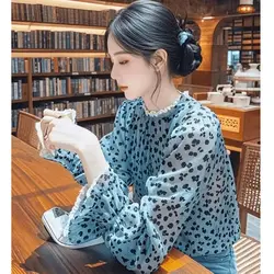 Elegant Luxury Floral Chiffon Blouse for Women - Long Sleeve Fashion (BLUE)