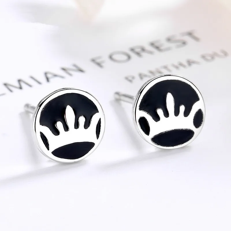 

Women's 925 Sterling Silver Stud Earrings Round Black Enamel Crown Personality Fashion Jewelry Couple Holiday Gift