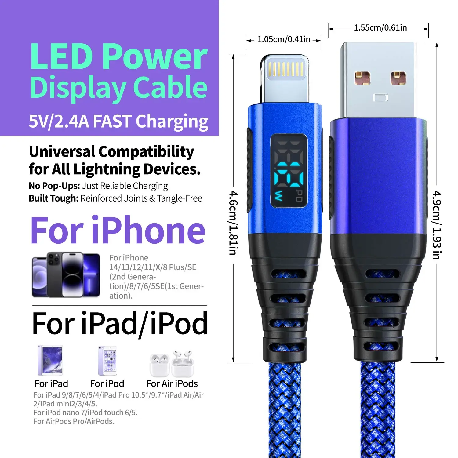 Premium MFi Certified Lightning Charger Cable - Fast 2.4A Charging with Extended Length