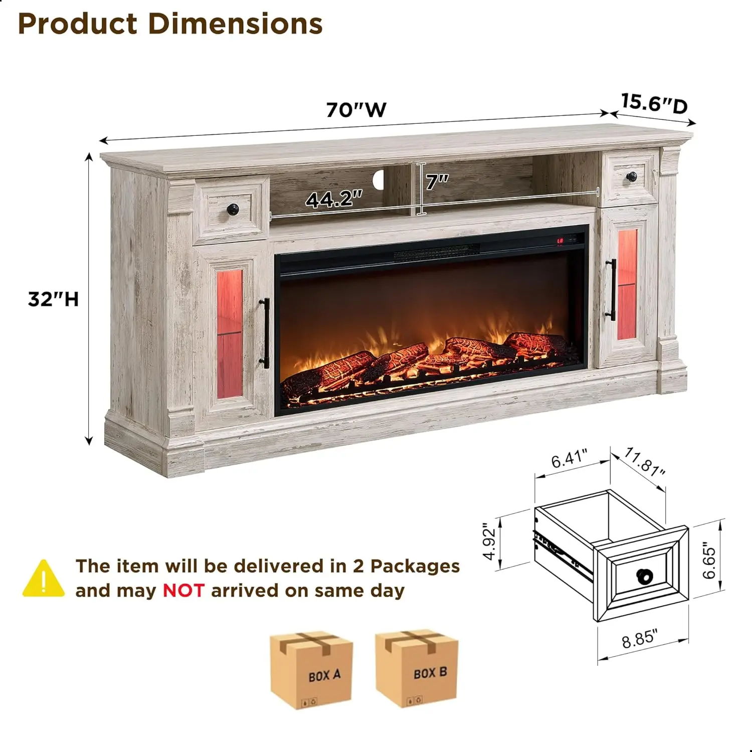 Fireplace TV Stand - Farmhouse Entertainment Center with 42" Electric & LED Lights, Wood Media Console , Antique Brush White 6