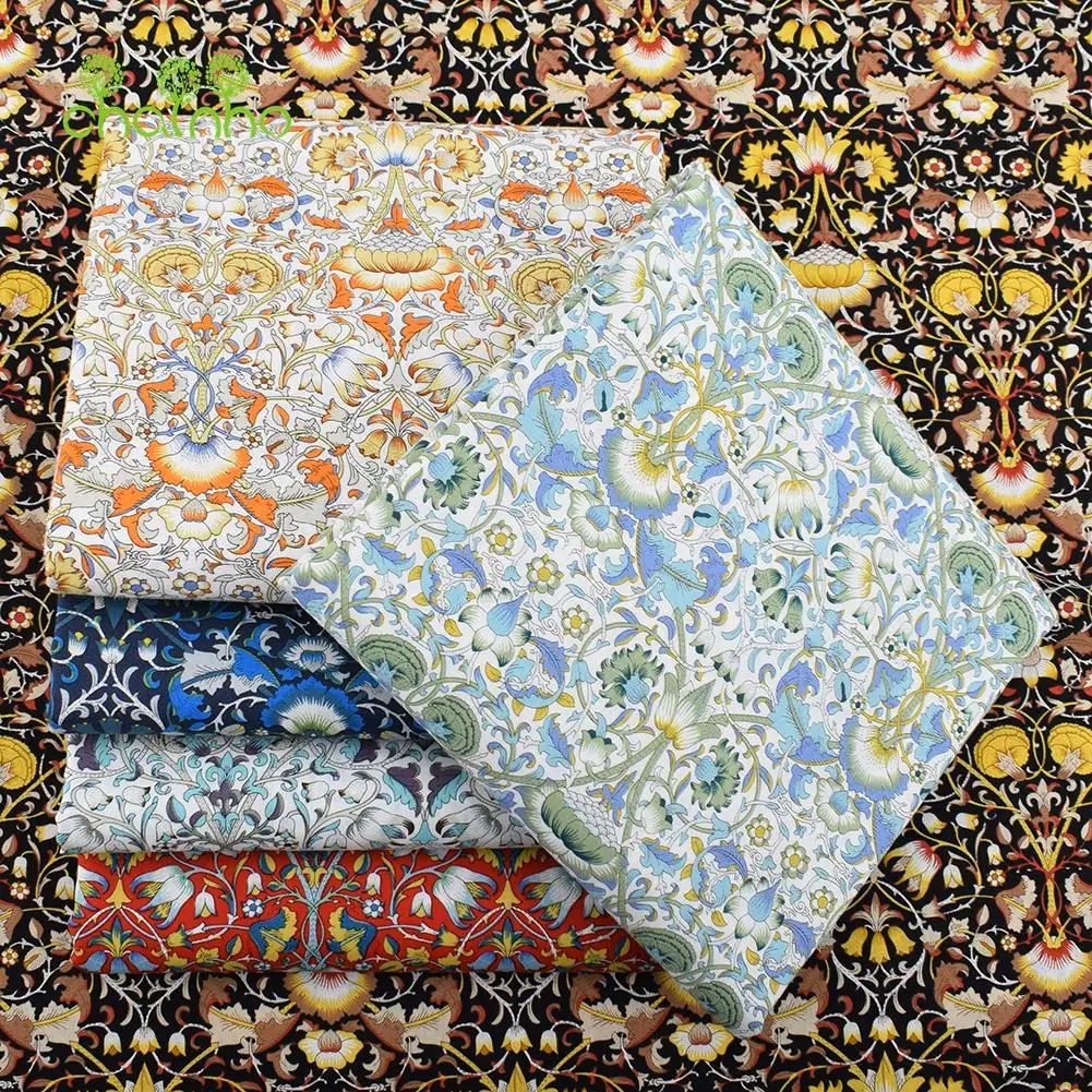 Chainho,Printed Plain Weave Poplin Cotton Fabric,DIY Sewing Quilting Material,Patchwork Cloth,Floral Series,3 Sizes,15PC33