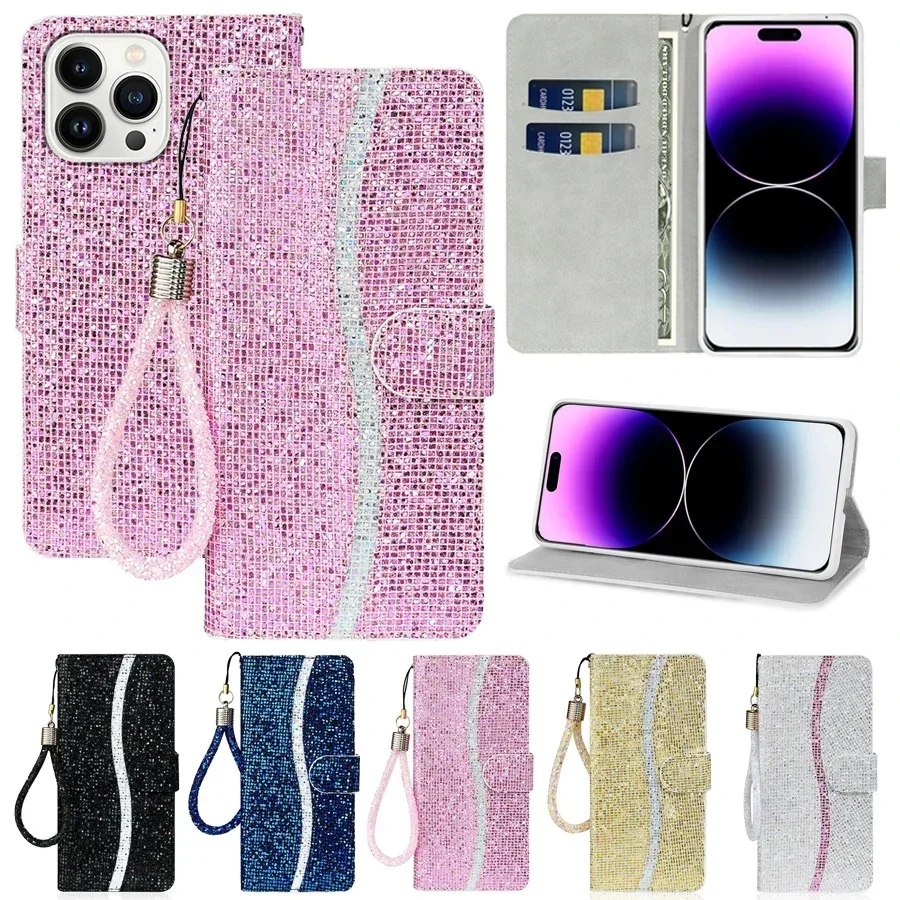 Glitter Anti-fall Wallet Magnetic Flip Leather Case For iPhone Air 17 Pro Max 16e 15 Plus XR With Hand Strap Cover