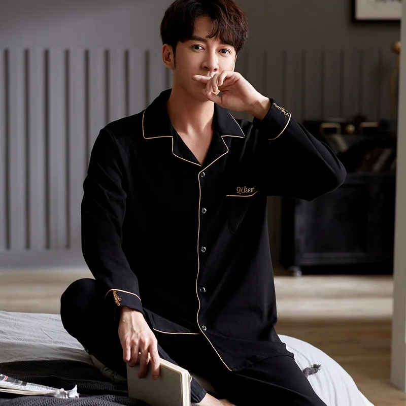 2024 Men Pyjama Full Cotton Spring Long Sleeve Print Lattice Suit Autumn Nightwear Collar  Male Sleepwear Two Piece SizeL-4XL