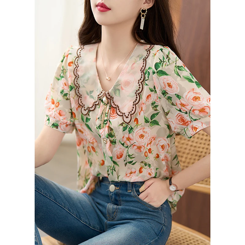 

Female Summer Fashion Chiffon Shirts Sweet Peter Pan Collar Floral Printing Woman T-shirt Button Fly Office Lady Elegant Blouses