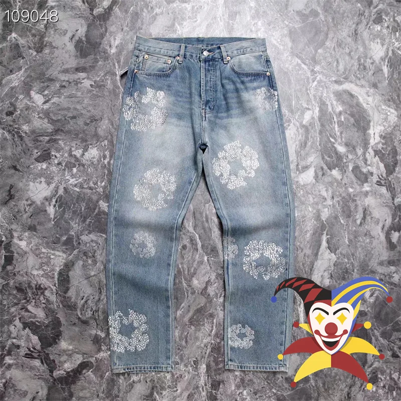 

Diamond Inlaid Kapok Jeans Men Women Blue Light Blue Washed Oversize Denim Trouser