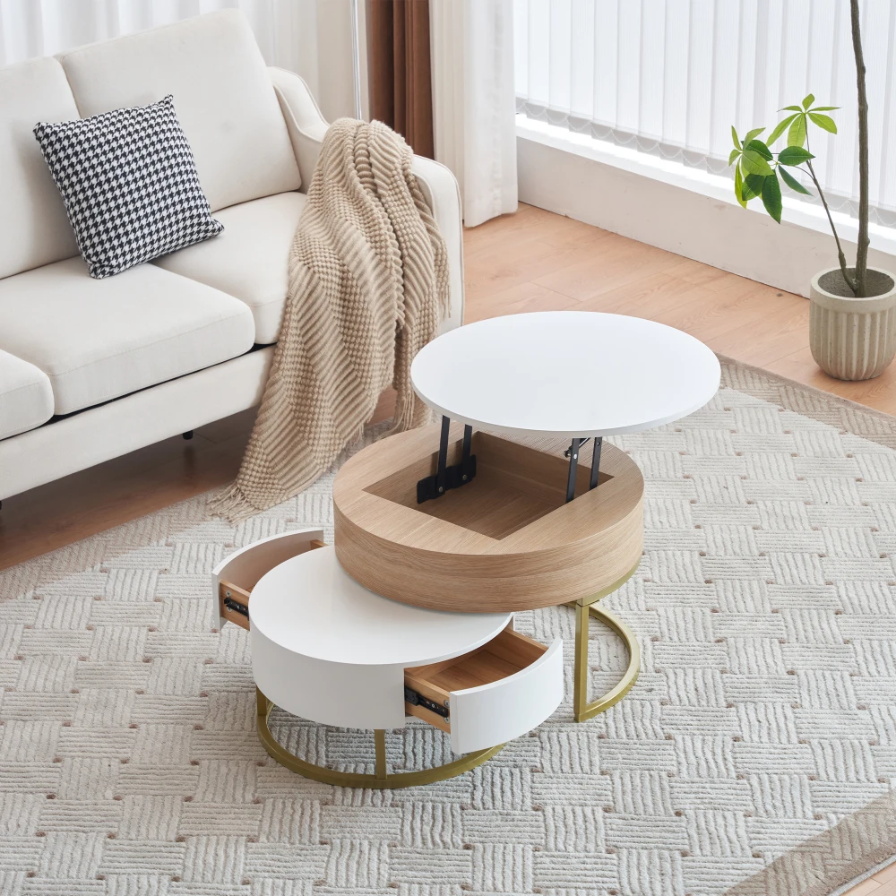 PINGGO Gold Klappbarer Sofatisch mit Zwei Schubladen 2-teiliges Set Sitztisch Beistelltisch für Wohnzimmer – Detail 3