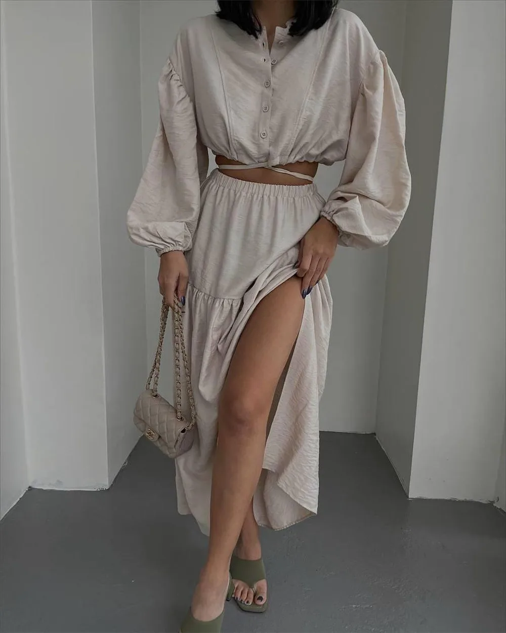 DressWomen'S Long Sleeve Pleated Split Half Skirt Set, Casual Commuter, Lace Up Top, New Fashion, 2024