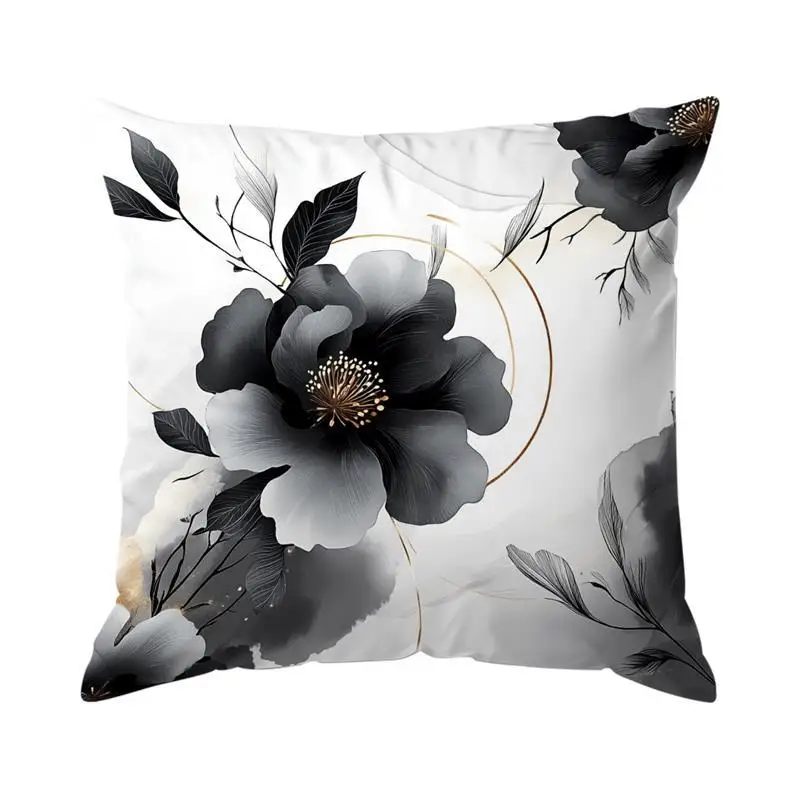 Black and white floral polyester pillow cover design 1