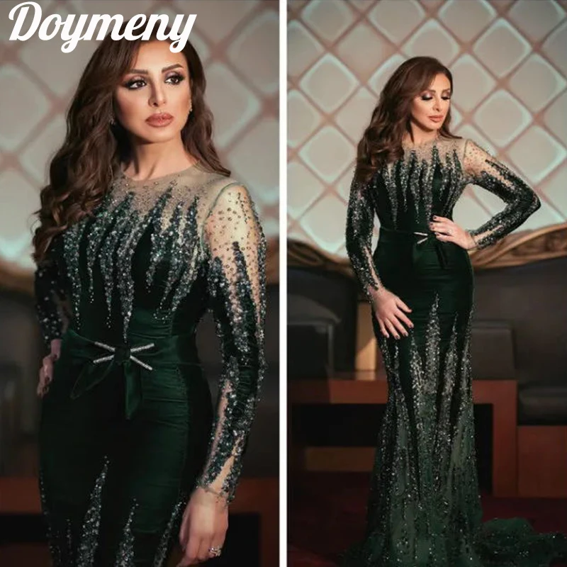 

Doymeny Luxury Prom Dress for Women Beaded O-neck Mermaid Cocktail Formal Evening Party Gown vestido gala فساتين للحفلات الراقص