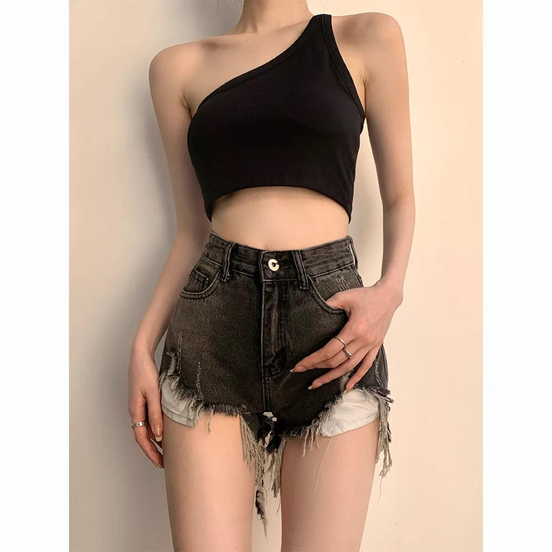 Y2k Fashion Raw Edge Jeans Shorts Black Women's Summer Korean Style Ripped High Waist Pants Straight Fashion Denim Casual Shorts